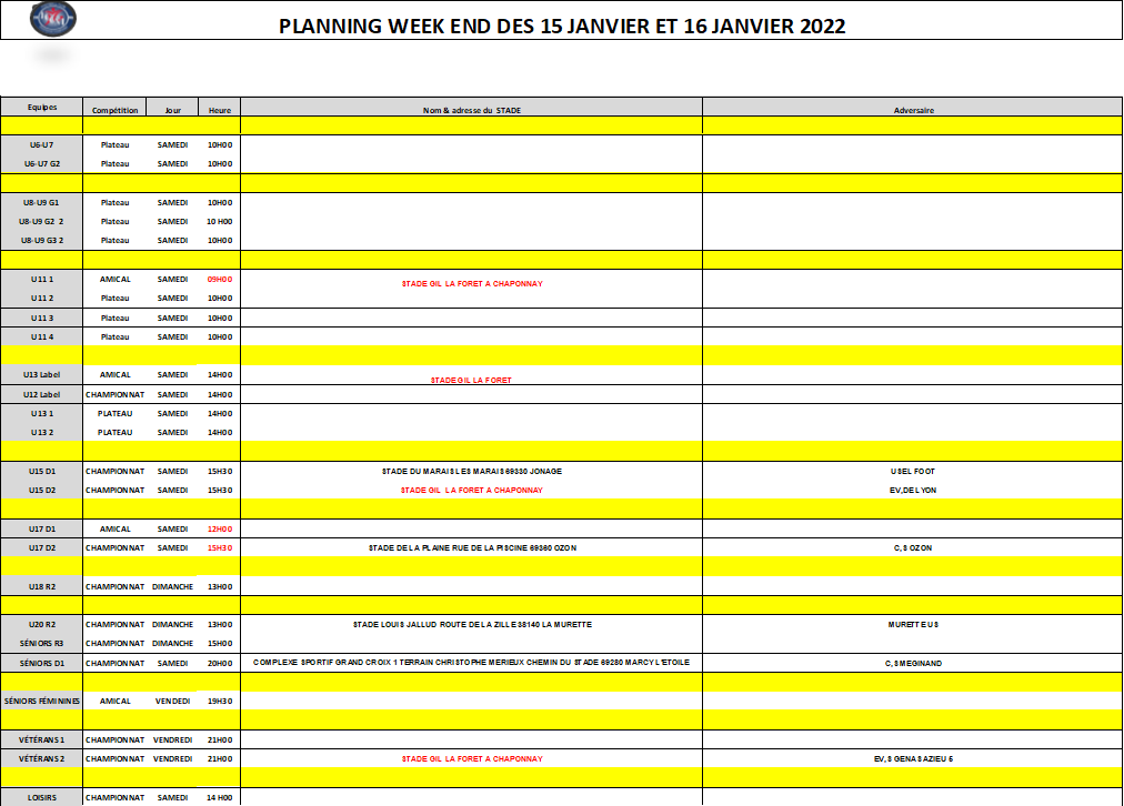 Planning du week-end (15 et 16 Janvier)