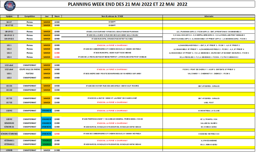 Planning du Week-end (21 et 22 Mai)